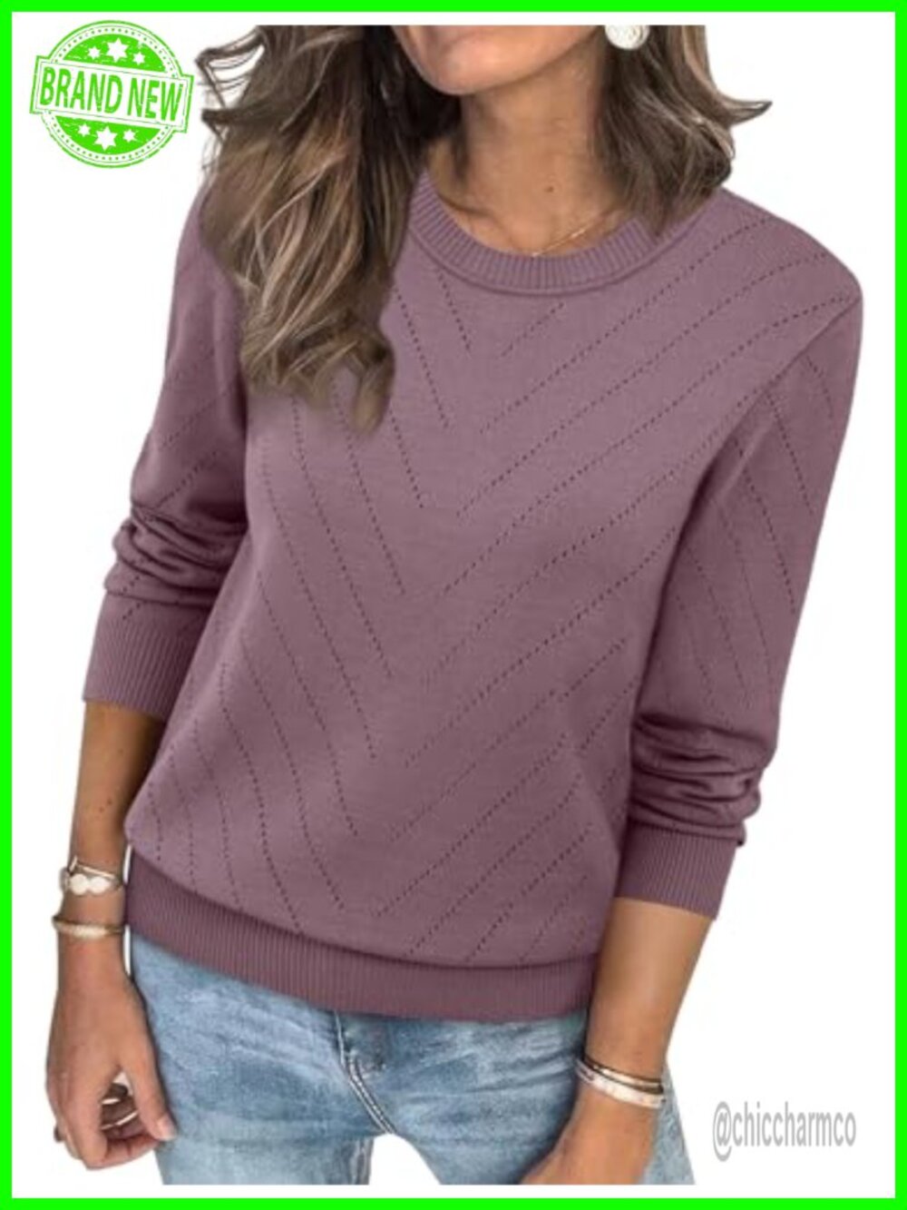 Womens Crew Neck Long Sleeve Pullover Sweater Eyelet Knit Cozy Casual Top
